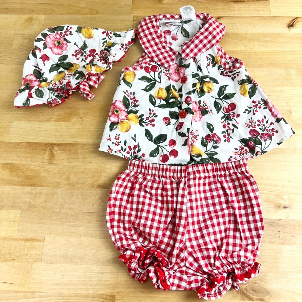 L.A. Baby Outfit Bloomers Hat Set Baby Size 3/6 Months Red Fruit Gingham Floral